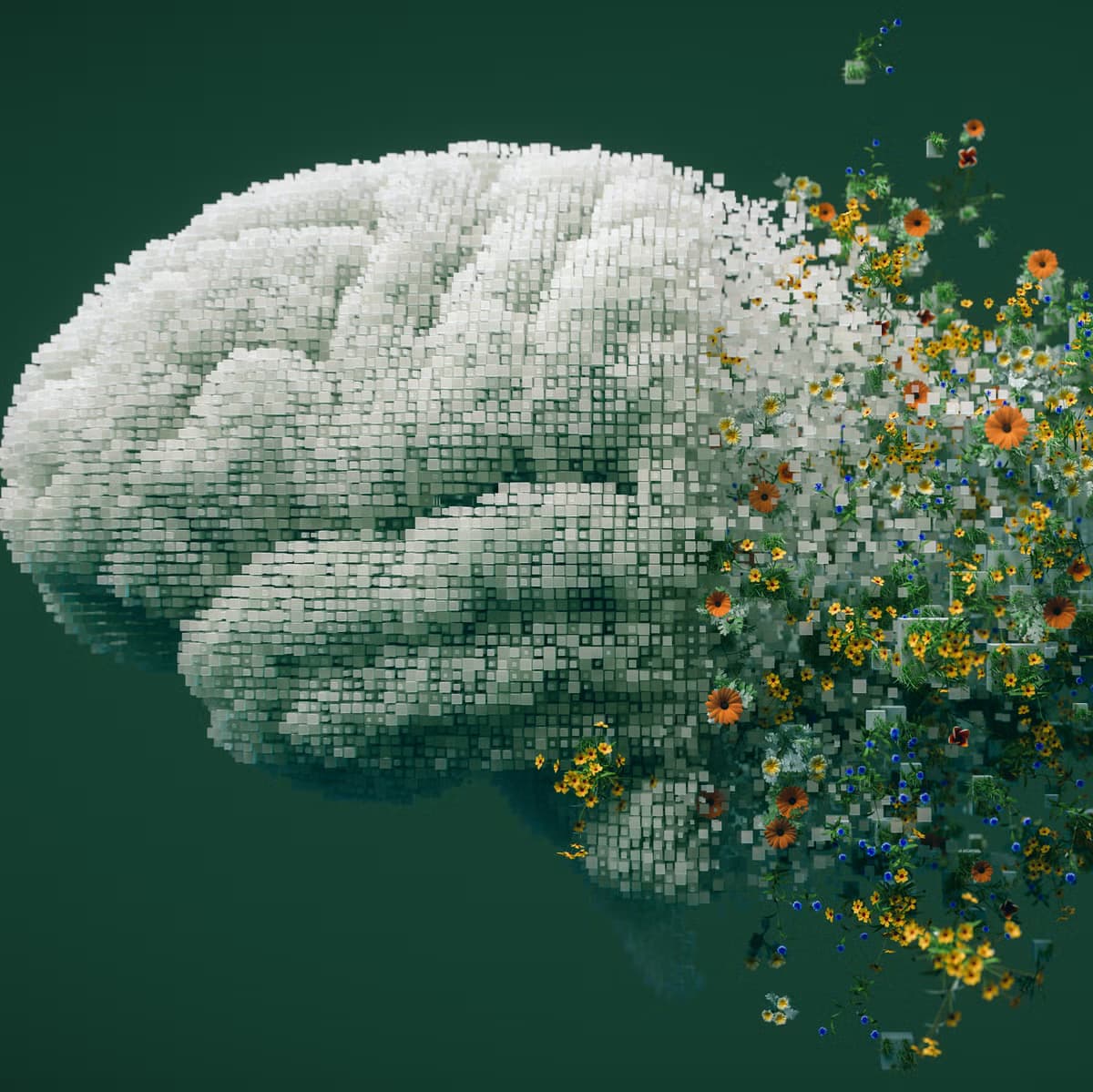 A human brain built from white cubes, dissolving into flowers on a deep green background